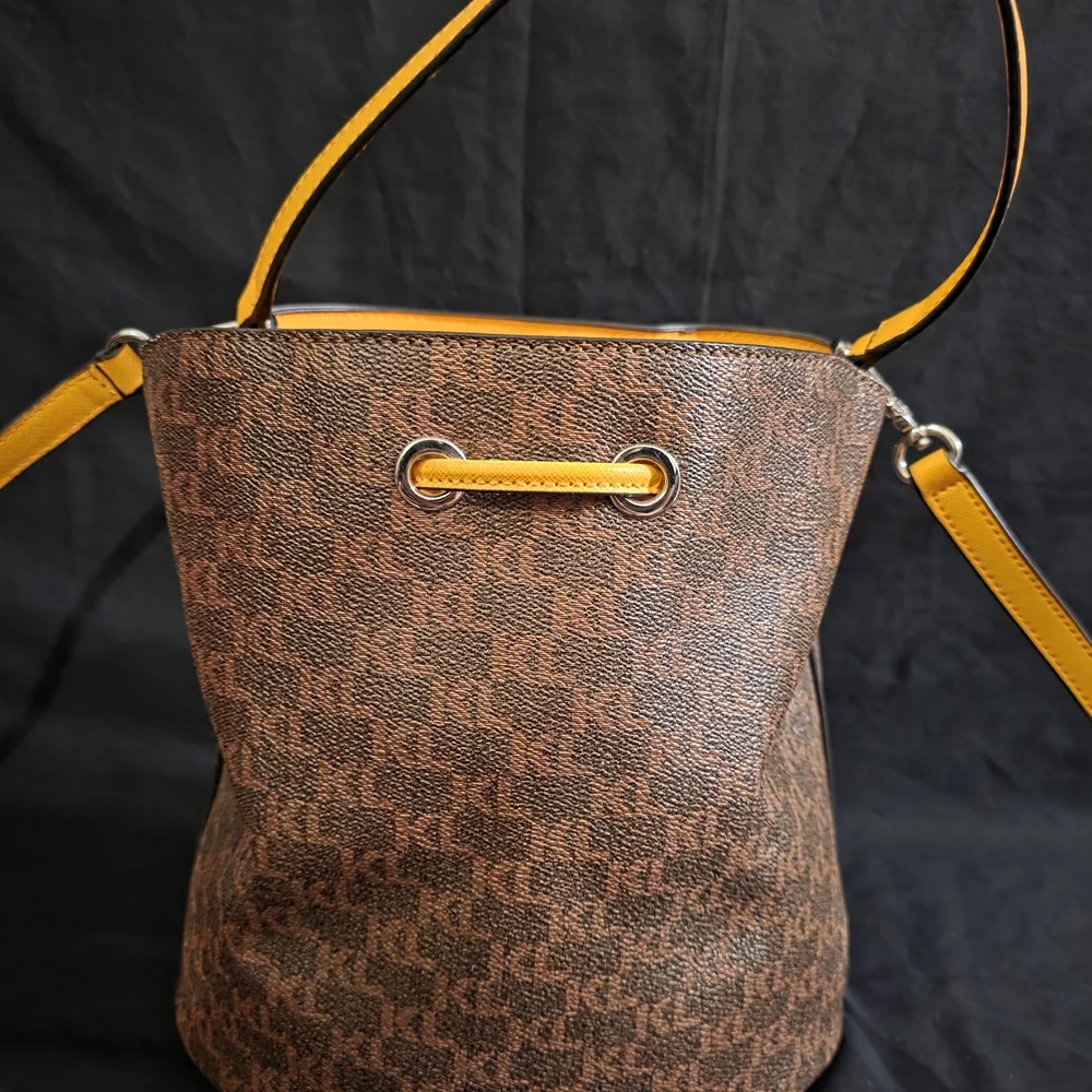 Karl Lagerfeld Brown Monogram Bucket Bag with Yellow Trim - Picture 2 of 3